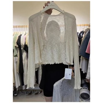 防曬針織開衫薄款木耳邊小坎肩女吊帶裙外搭罩衫短款夏季杏色外套