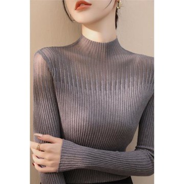 韓系穿搭新款蕾絲長袖修身上衣女裝春季毛衣半高領網紗鏤空打底衫