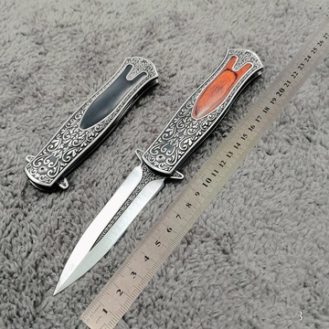 跨境戶外小刀高硬度軍刀家用水果刀野外救援刀雕花不銹鋼折疊刀鑫弘-戶外運動