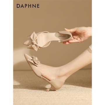 達芙妮高跟鞋女細跟2023年新款夏尖頭中空蝴蝶結法式少女真皮單鞋
