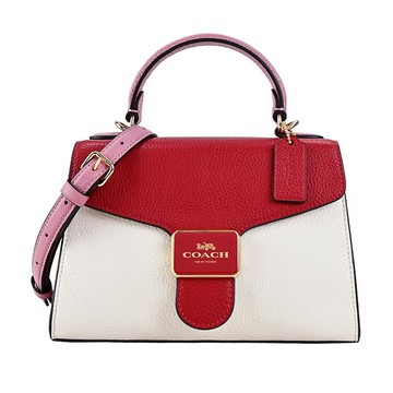 COACH 新款LOGO拼色荔枝紋皮革手提/斜背兩幅沙漏包（紅X白）_廠商直送