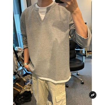 亨利領假兩件長袖t恤男春秋季美式高街復古華夫格衛衣打底衫上衣男生春秋薄款衛衣 男生寬鬆運動連帽衛衣 男生薄款上衣