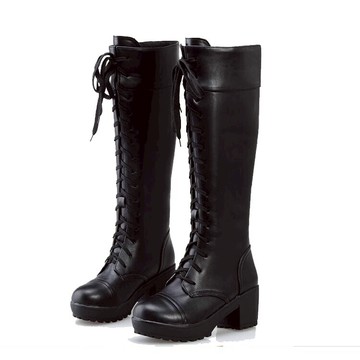 個性騎士綁帶厚底粗跟圓頭高筒女靴-黑,白(34-43)【384621656131】