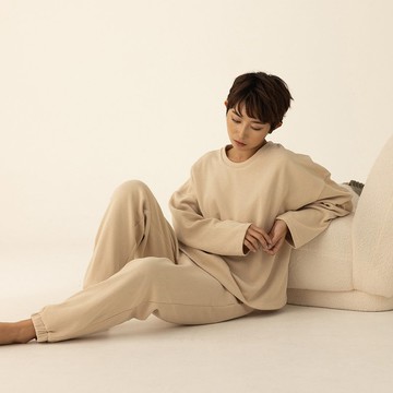 暖時光 二件式圓領大學衛衣套裝(厚款)-駝色