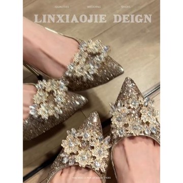 香檳色高跟鞋不累腳水鉆2025新款婚鞋秀禾婚紗亮片水晶鞋新娘鞋女