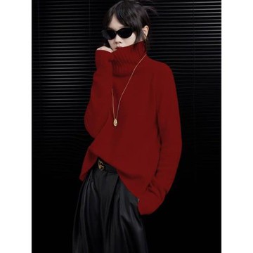 冬季高領加厚山羊絨衫女寬松針織羊毛打底衫紅色高級慵懶毛衣大碼