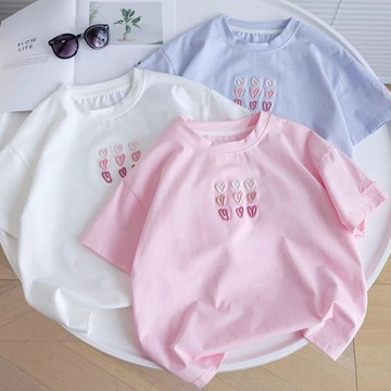 Healthy baby 女童短袖t恤新款夏季純棉洋氣刺繡上衣中大童小女孩兒童半袖女童短袖T恤T恤女孩兒童短袖短袖