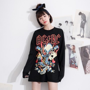 古著 骷顱頭拿槍撲克牌骰子圖印長版T恤