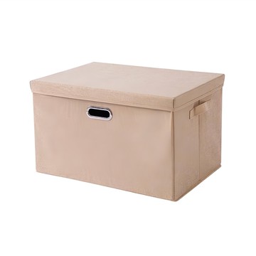 收納部屋 金屬把手棉麻整理盒26L  中(37 x 27 x 26cm)  米色  可折疊收納箱  1個