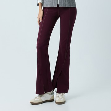 元動力 彈力高腰修身開叉瑜珈喇叭褲(深紫；S-XL)