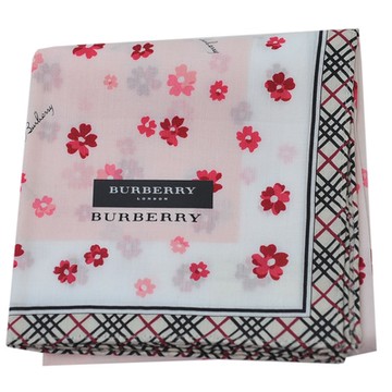 BURBERRY 巴寶莉 繽紛花朵圖騰字母LOGO格紋滾邊棉質帕領巾(粉紅系/51CM)