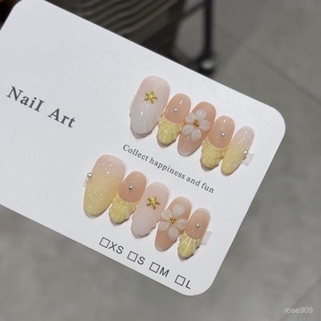 ✨Hannah✨純手工【黃百閤】氣質浮鵰法式清新裸色手繪圖案夏天穿戴甲啊精緻穿戴甲 V63N