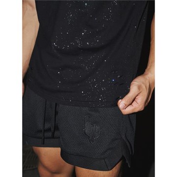 lil monster 夏季網眼繡花短褲美式復古雙層重磅寬松高街情侶運動