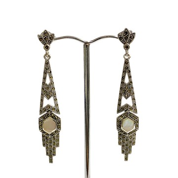 裝飾藝術風格的珍珠母和白鐵礦套裝吊墜耳環 925 純銀