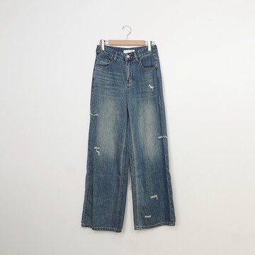 【Dailo】刷破牛仔落地直筒寬長褲 深藍