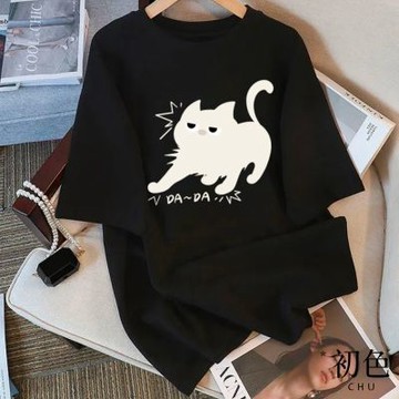 初色 圓領短袖驚嚇貓貓印花休閒T恤上衣女上衣-共5色-11593(M-3XL可選)