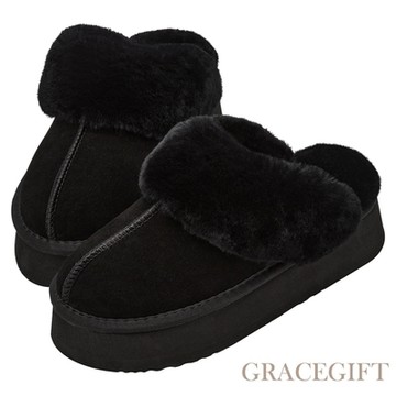 【Grace Gift】牛麂皮羊毛厚底雪地拖鞋 黑