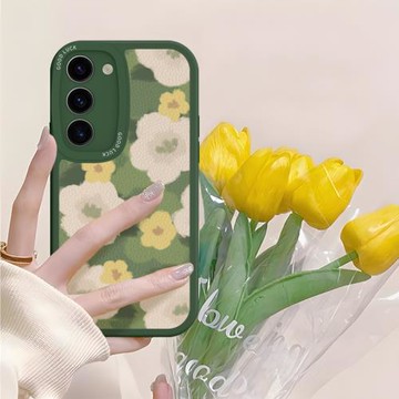 適用三星S25手機殼日韓綠色花朵GalaxyS22/S23小清新s24套新款S20簡約ultra女高級感S21FE防摔+全包軟硅膠