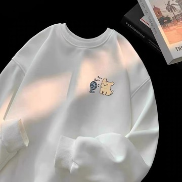 加絨衛衣 男士港風 內搭   圓領 衛衣 男 秋冬季 潮牌 印花 寬鬆 百搭休閒 刷毛 印花T 無帽外套（XY385）
