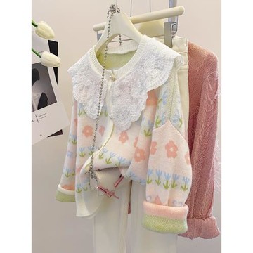 奶呼呼娃娃領毛衣外套女秋冬溫柔風軟糯糯針織開衫藝術生奶乖上衣