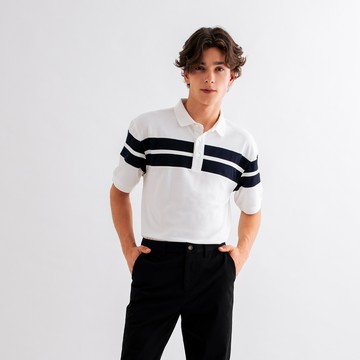 【Active】男裝-胸前拚色機能休閒POLO衫-白色