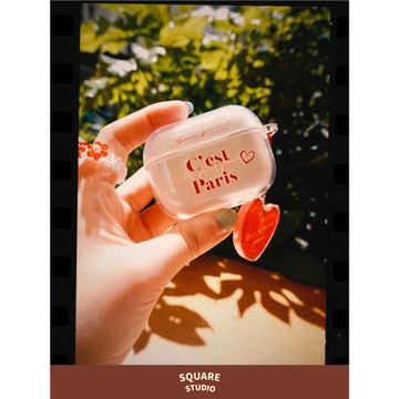 【平方Studio】巴黎系列耳機殼 原創手寫文字透明蘋果AirPods保護套鑰匙扣掛件ins