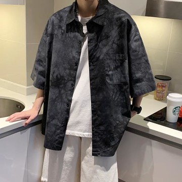 扎染短袖襯衫男港風ins寬松五分袖襯衣夏季韓版潮流痞帥休閑外套