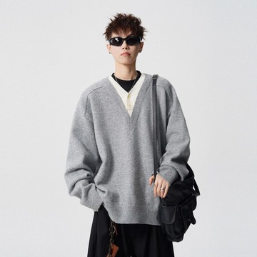 復古假兩件拼接針織衫男女秋季潮牌情侶寬鬆休閒套頭毛衣