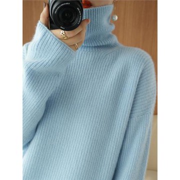 秋冬新款針織羊絨衫女高領落肩套頭毛衣內搭寬松羊毛衫純色打底衫