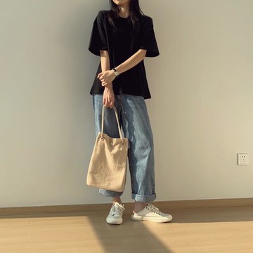 純棉寬松ins黑色t恤基礎上衣短袖