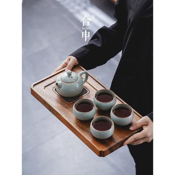 汝窯功夫茶具套裝家用小型整套辦公室陶瓷泡茶壺一壺四杯茶盤高檔
