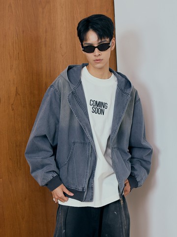 素色洗舊牛仔連帽薄外套