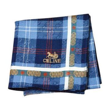 CELINE 日本製經典格紋刺繡馬車LOGO圖騰帕領巾(藍色格/49CM)