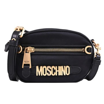 MOSCHINO 金屬LOGO輕量尼龍迷你斜背包/相機包.黑