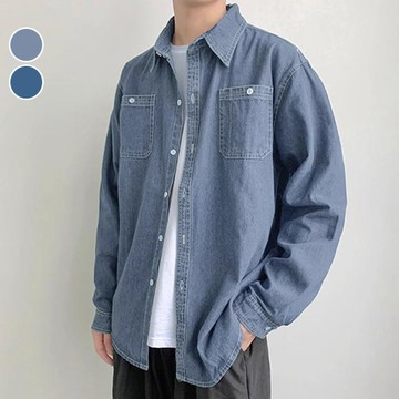 長袖襯衫 休閒牛仔襯衫 丹寧 美潮 厚磅 日系 韓系 簡約 微寬鬆 加大尺碼 台灣出貨【NTJ52733】