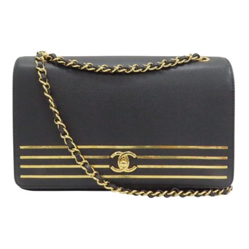 【二手名牌BRAND OFF】CHANEL 香奈兒 黑色 皮革 Captain Gold Flap 鍊帶 肩背包
