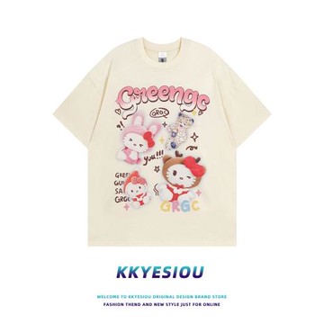 KKyesiou多巴胺卡通學院風短袖T恤男女美式y2k百搭小個子情侶上衣