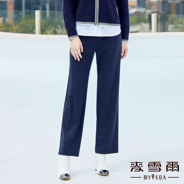 Myvega麥雪爾 素面彈力鬆緊腰直筒褲-深藍