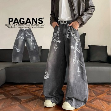 【PAGANS STORE】美式 復古 十字架 庫拉皮卡 鎖鏈 吊墜 褲鍊 印花 仿舊 牛仔褲 彎刀褲 牛仔 彎刀 長褲