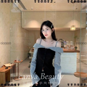 超實惠 十 長袖上衣 長袖T恤 韓系假兩件一字肩長袖T恤女裝夏季露肩短款氣質格子襯衫拼接上衣