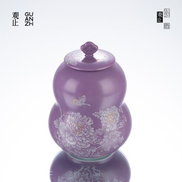 德鼎芳華啞光紫小號葫蘆罐茶葉罐陶瓷家用密封罐防潮儲存罐高級感