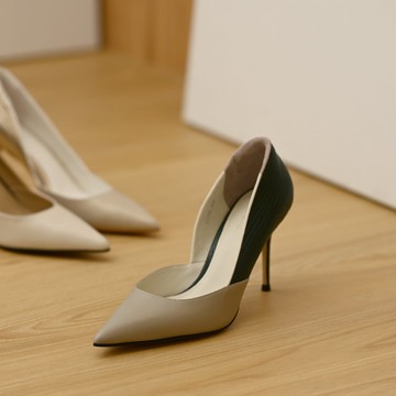 撞色拼接-尖頭細高跟-綠灰色