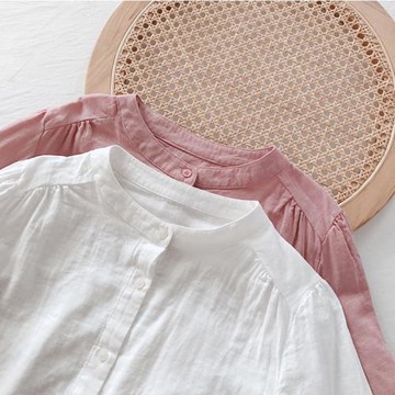 2023年春季女裝新款上衣 氣質簡約小立領純色系全棉雙層紗襯衫女