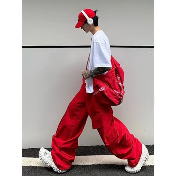 美式重磅紅色工裝褲潮牌復古秋季高街褲子男寬松直筒拖地闊腿長褲