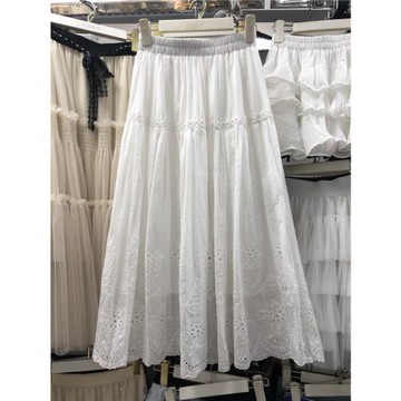 韓國純棉質水溶蕾絲半身裙女夏高腰拼接勾花仙女大擺a字中長裙子