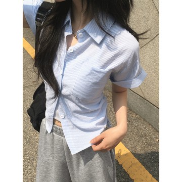 Codibook｜韓國 ondeed 捲袖條紋荷葉邊短袖襯衫［預購］襯衫 女裝