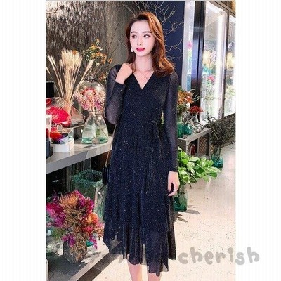 レディースパーティードレス ワンピース ロングドレスvネック披露宴キラキラ演奏会シースルードレス 二次会 発表会 長袖 ティアードドレス二点送料無料お呼ばれ 通販 Lineポイント最大get Lineショッピング