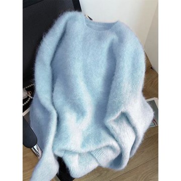 奶藍色軟糯圓領毛衣女秋冬季加厚奶里奶氣內搭打底針織衫歐貨上衣