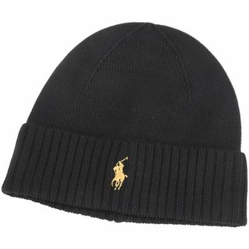Polo Ralph Lauren Pony撞色小馬羅紋反摺羊毛帽(黑色)