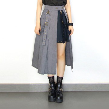 蒸汽朋克 百褶 黑白格 千鳥格 純棉 T/R長短兩件穿 A字半身裙